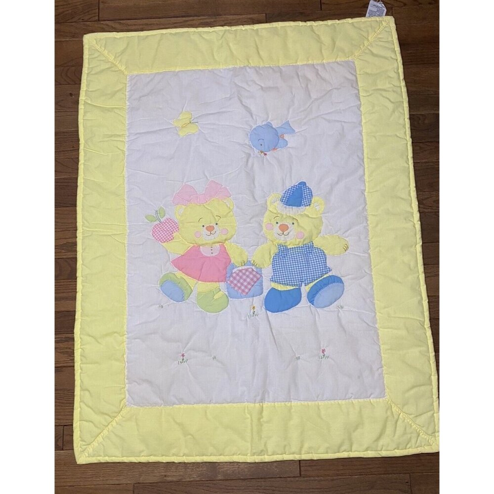 Vintage House Of Hatten Baby Quilt Blanket Bears Bird Puffy 46”x36”